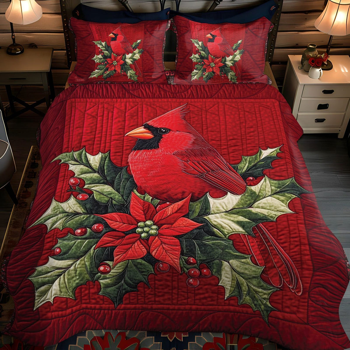 Cardinal Charm quilted 3-piece bedding set on a made bed with two matching pillow shams