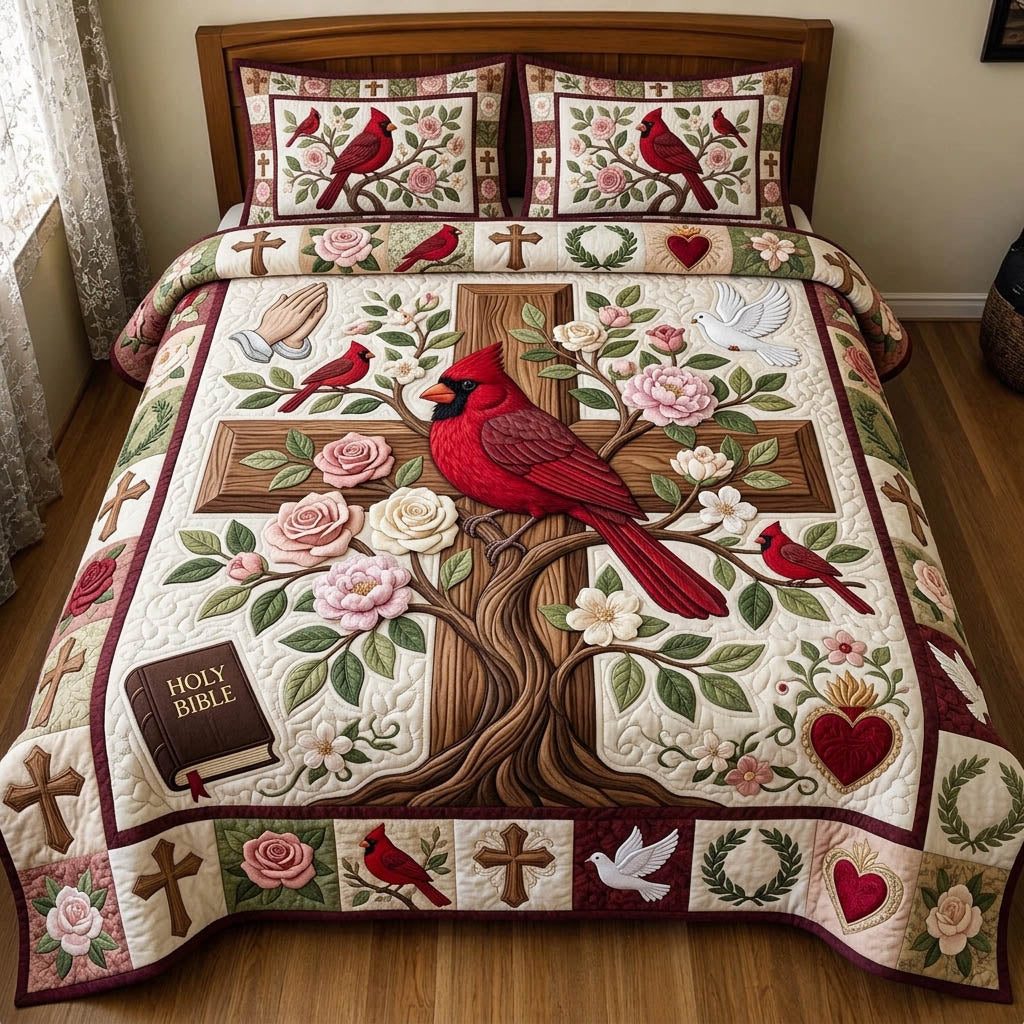 Cardinal Christian quilted 3-piece bedding set on a made bed in a softly lit bedroom