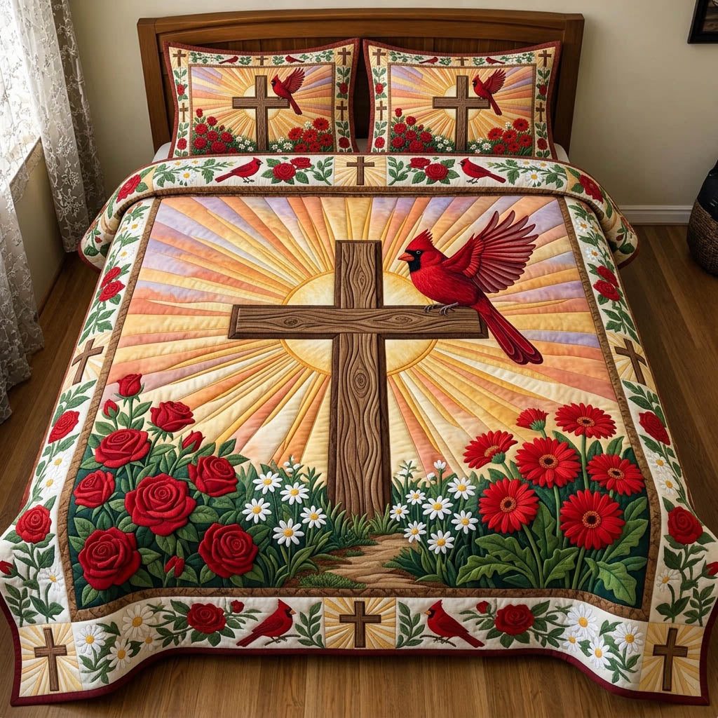Cardinal Christian quilted 3-piece bedding set on a made bed in a softly lit bedroom