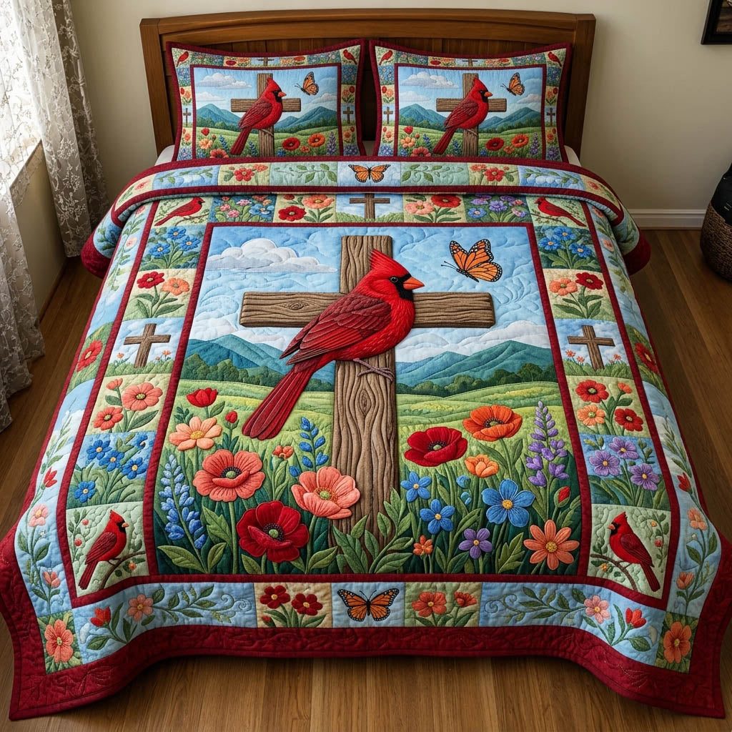 Cardinal Christian quilted 3-piece bedding set on a made bed in a softly lit bedroom