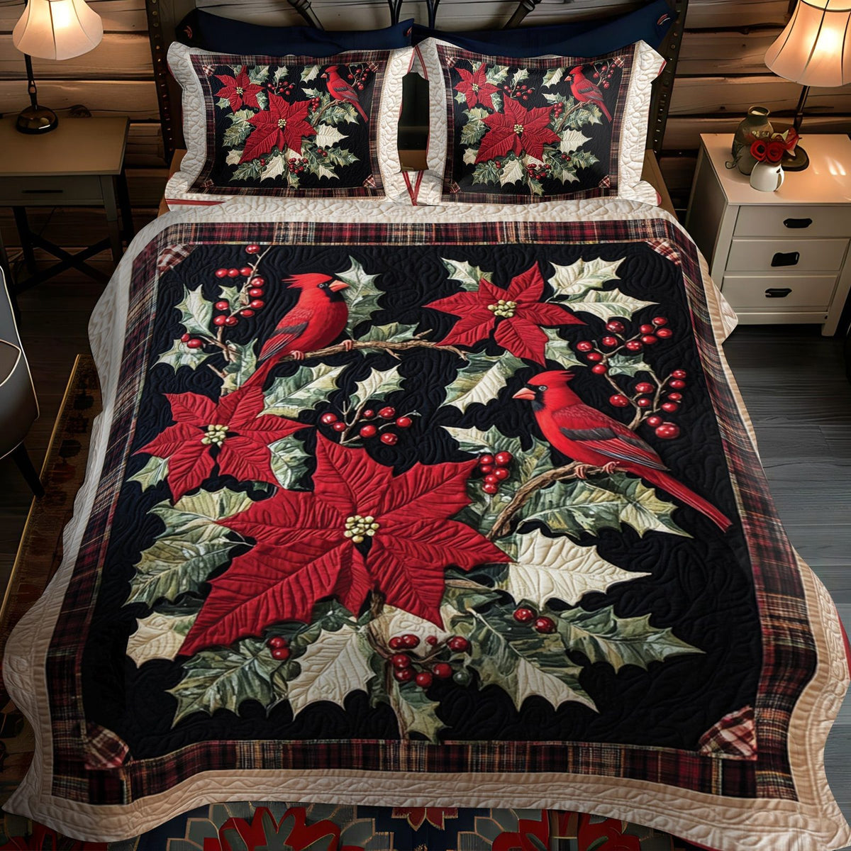 Cardinal Comfort quilted 3-piece bedding set on a made bed with two matching pillow shams