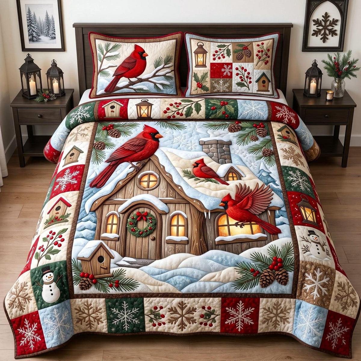 Cardinal Cottage quilted 3-piece bedding set on a made bed in a farmhouse bedroom