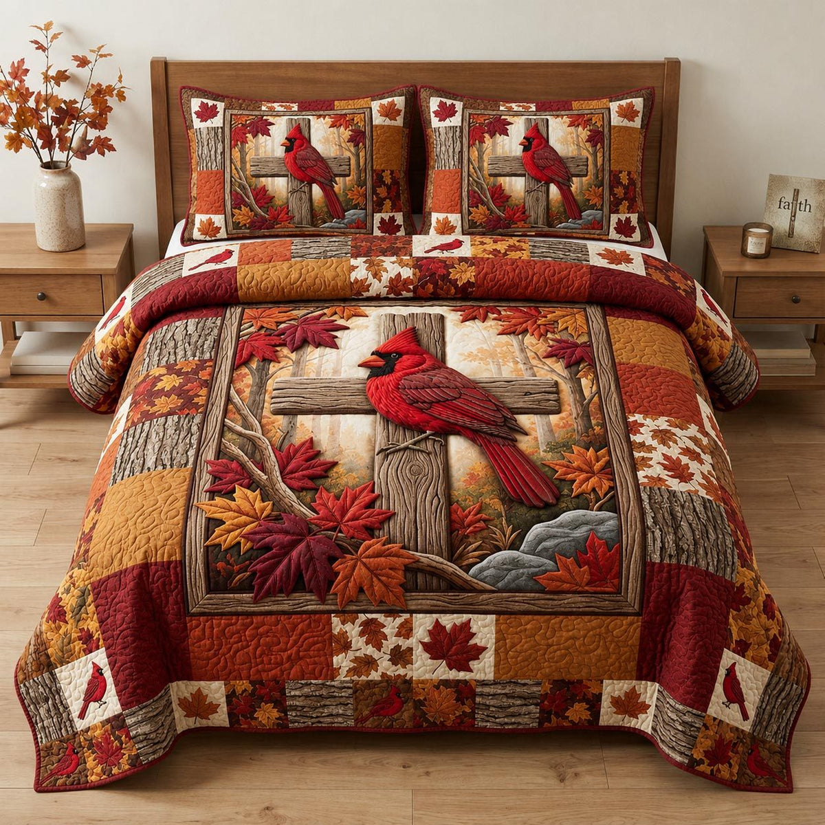 Cardinal Cross Autumn quilted 3-piece bedding set on a made bed in a softly lit bedroom