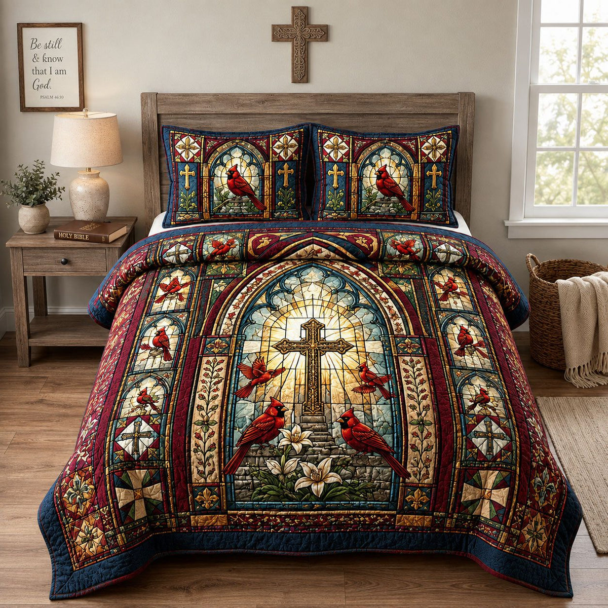 Cardinal Cross Faith quilted 3-piece bedding set on a made bed in a softly lit bedroom