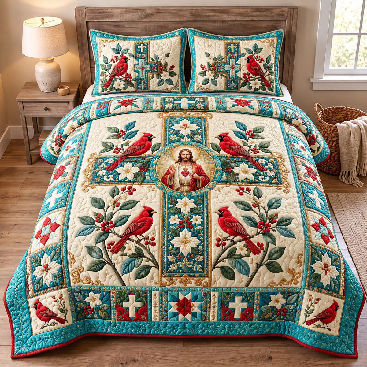 Cardinal Cross Faith quilted 3-piece bedding set on a made bed in a softly lit bedroom