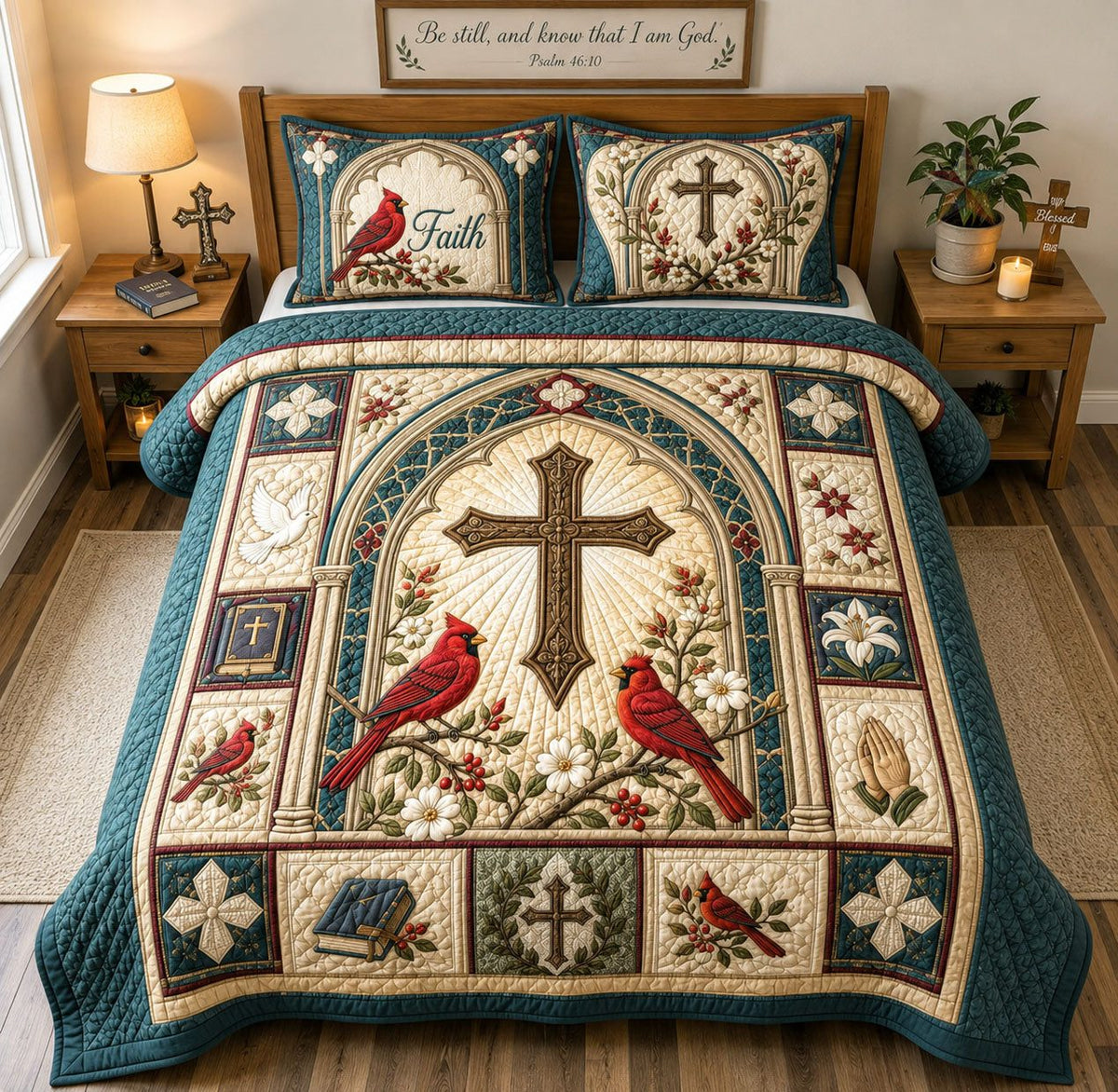 Cardinal Cross Faith Sanctuary quilted 3-piece bedding set on a made bed in a softly lit bedroom