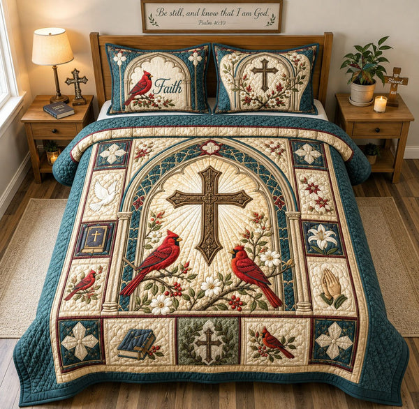 Cardinal Cross Faith Sanctuary quilted 3-piece bedding set on a made bed in a softly lit bedroom