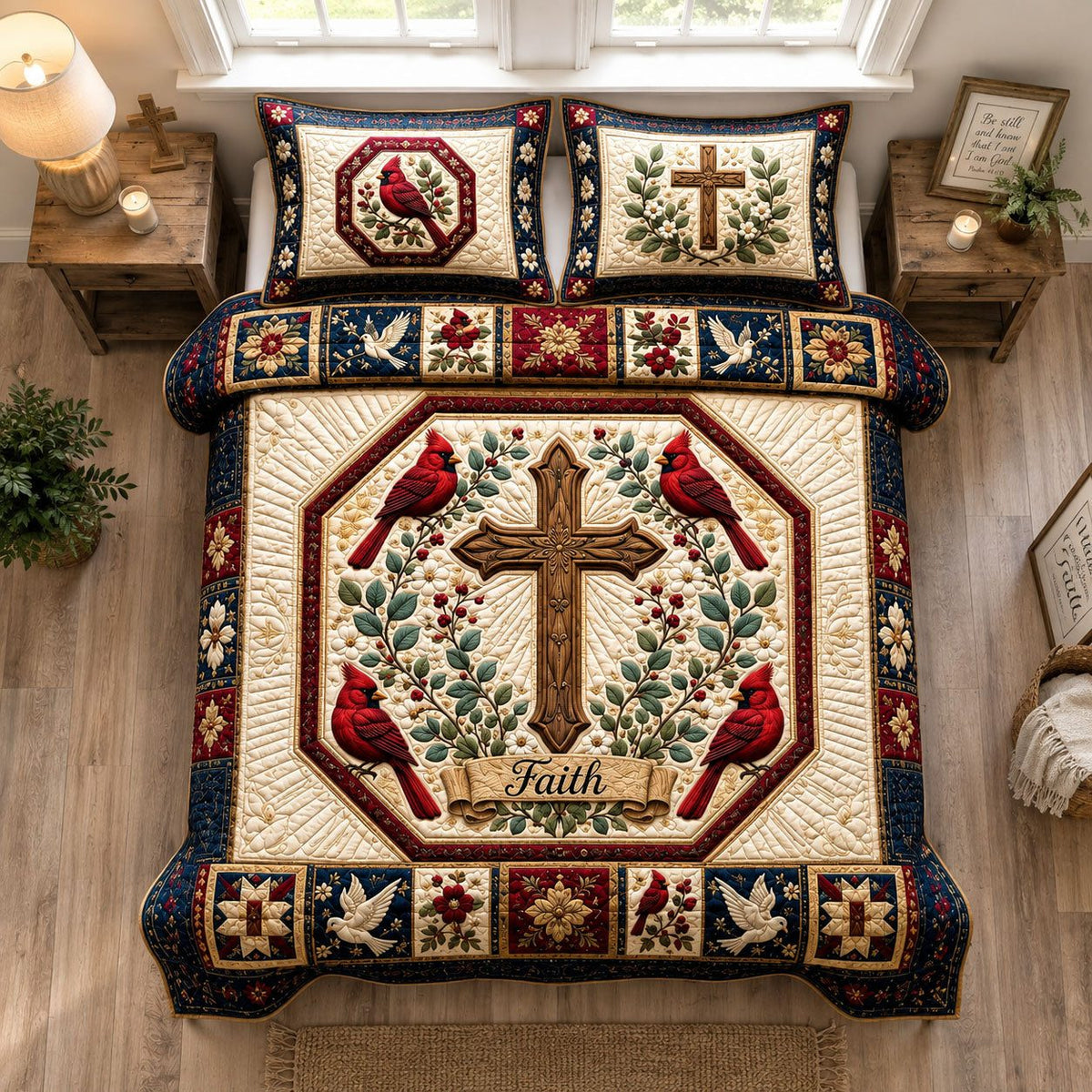 Cardinal Cross Garden of Faith quilted 3-piece bedding set on a made bed in a softly lit bedroom