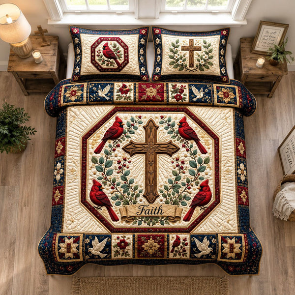 Cardinal Cross Garden of Faith quilted 3-piece bedding set on a made bed in a softly lit bedroom