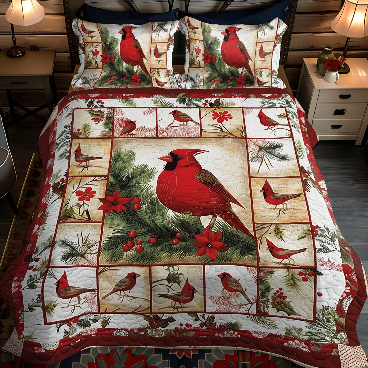 Cardinal Design quilted 3-piece bedding set on a made bed with two matching pillow shams
