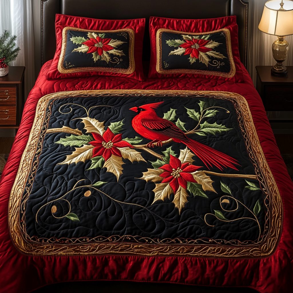 Cardinal Dream quilted 3-piece bedding set on a made bed with two matching pillow shams
