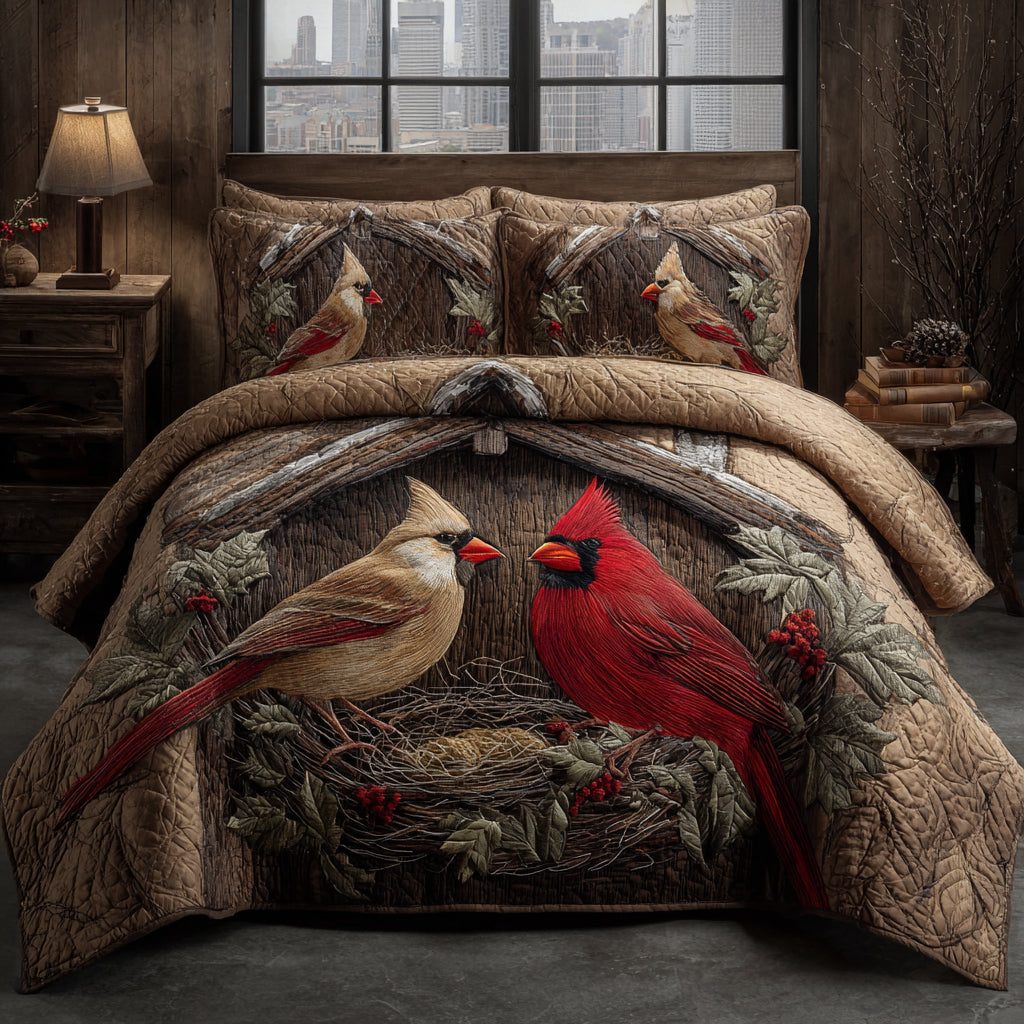 Cardinal Echo quilted 3-piece bedding set on a made bed with two matching pillow shams