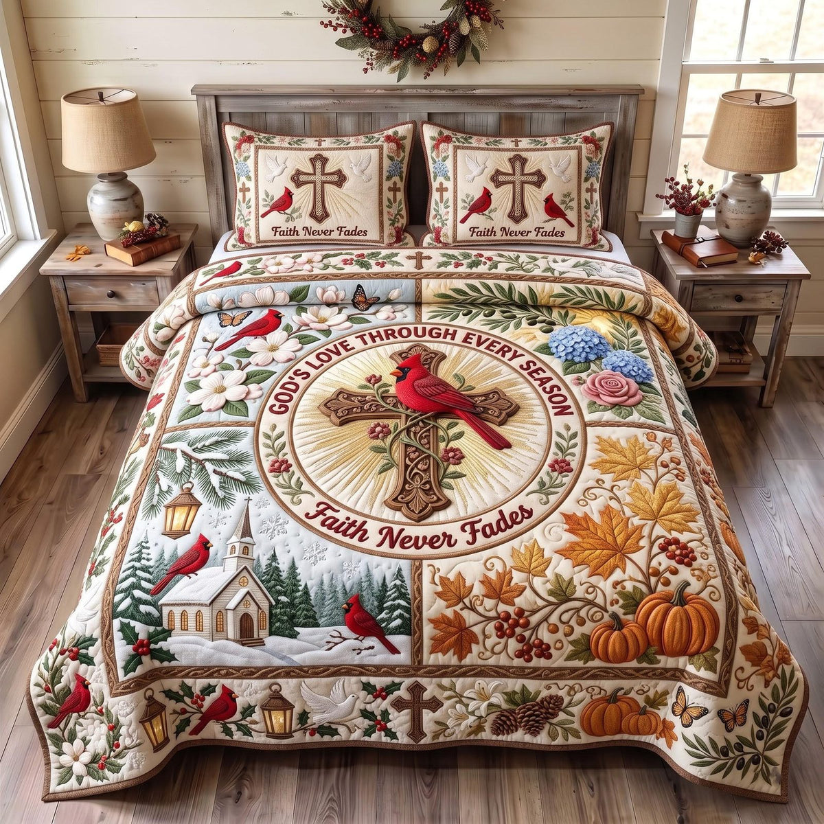 Cardinal Faith quilted 3-piece bedding set on a made bed in a softly lit bedroom