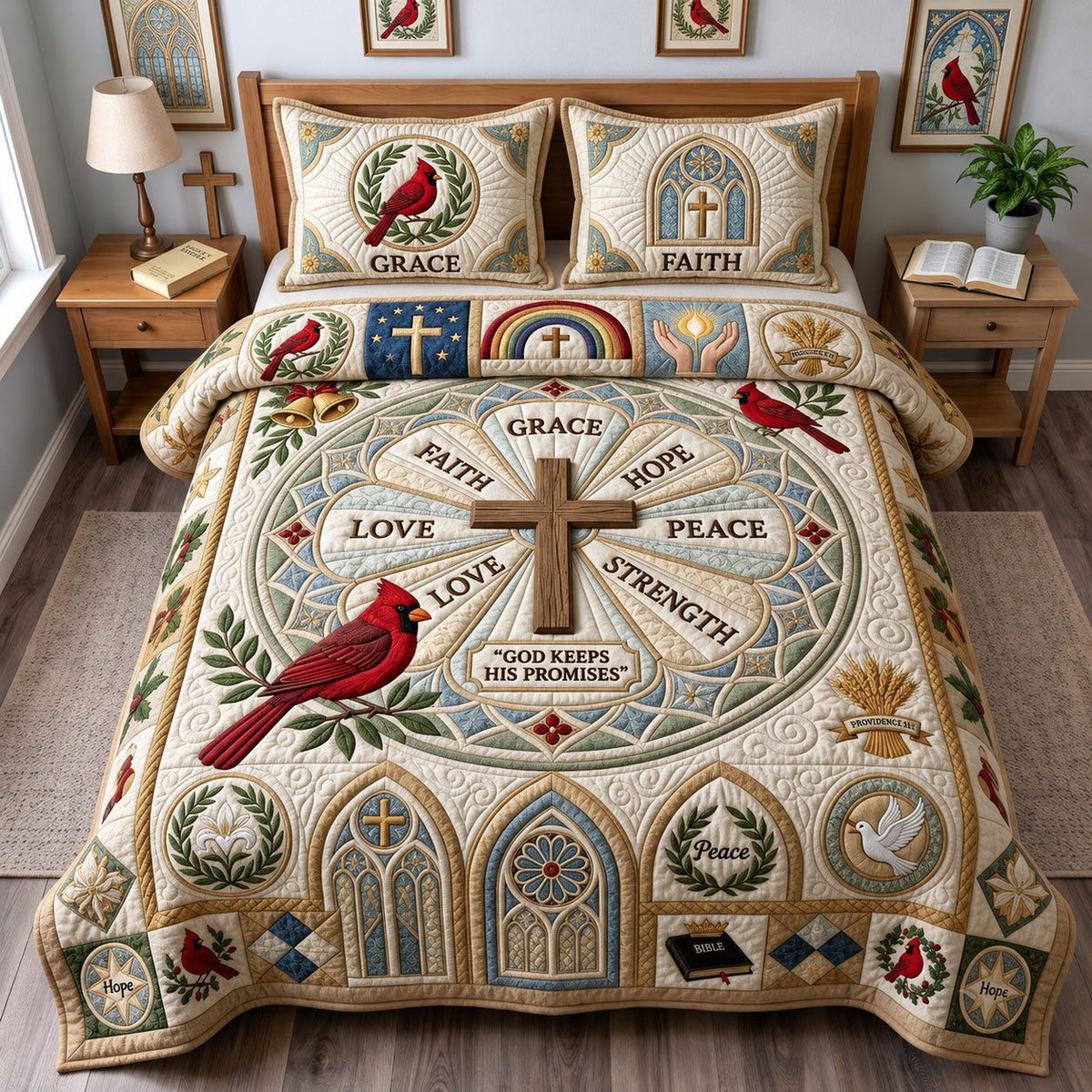 Cardinal Faith quilted 3-piece bedding set on a made bed in a softly lit bedroom