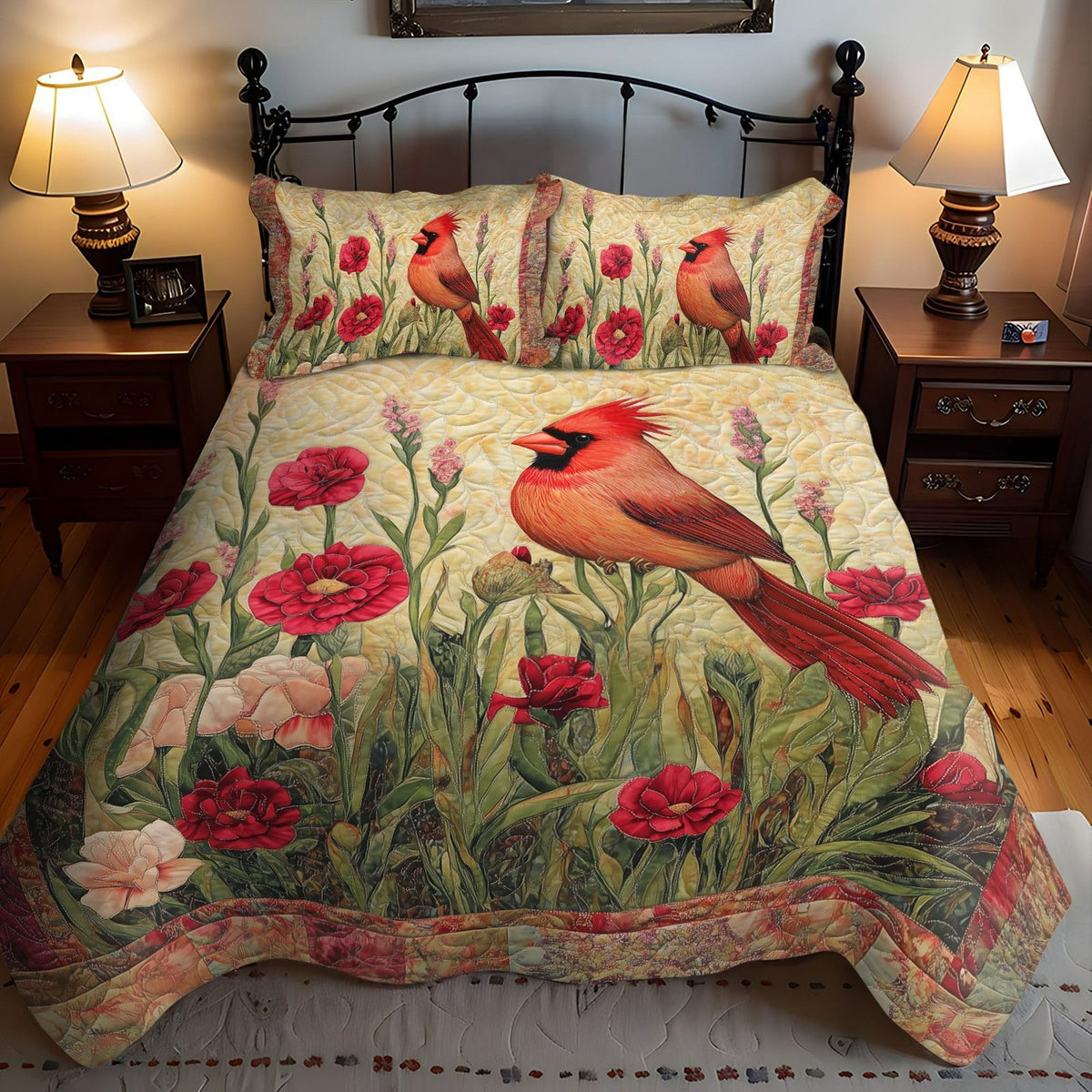 Cardinal Garden quilted 3-piece bedding set on a made bed with two matching pillow shams