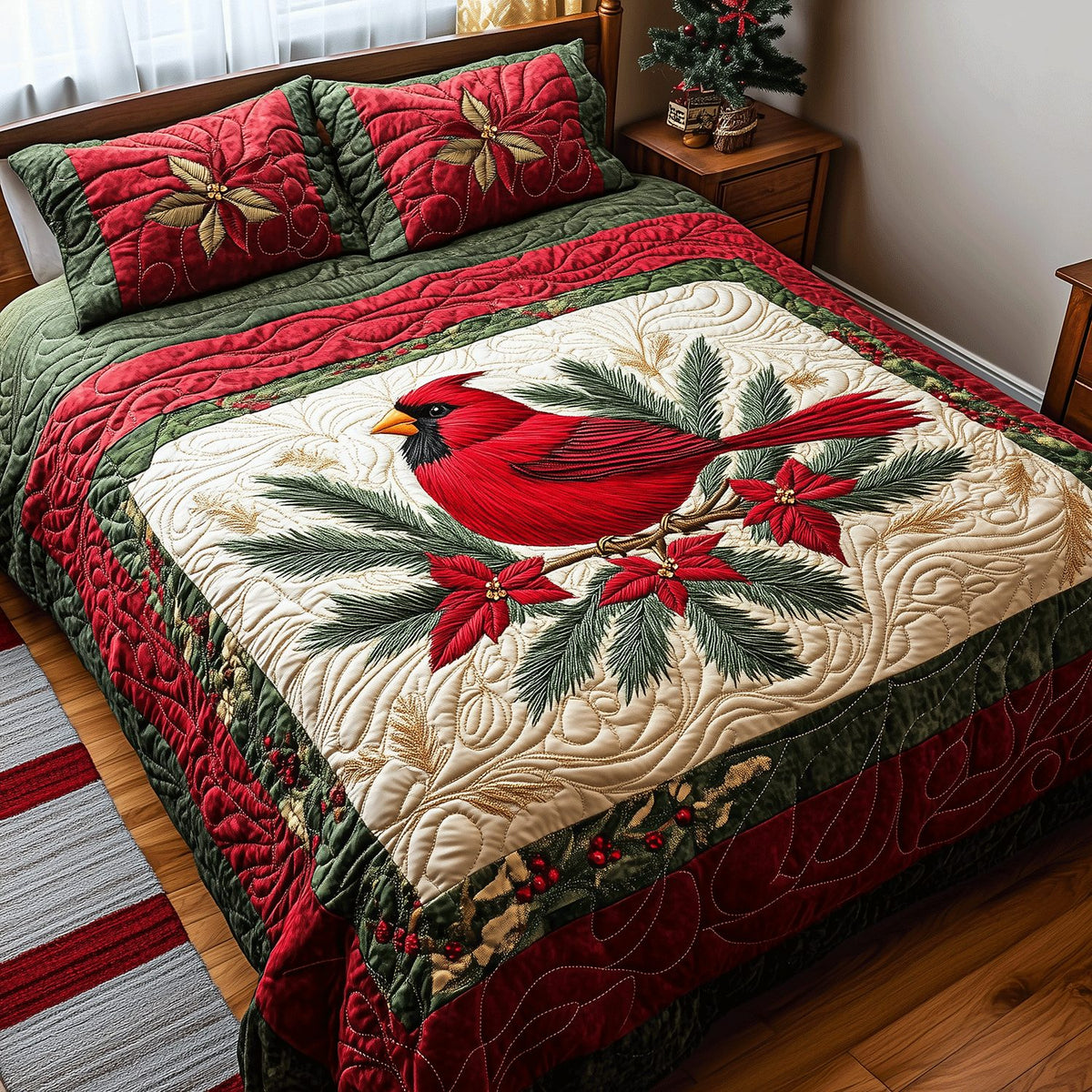 Cardinal Glory quilted 3-piece bedding set on a made bed with two matching pillow shams