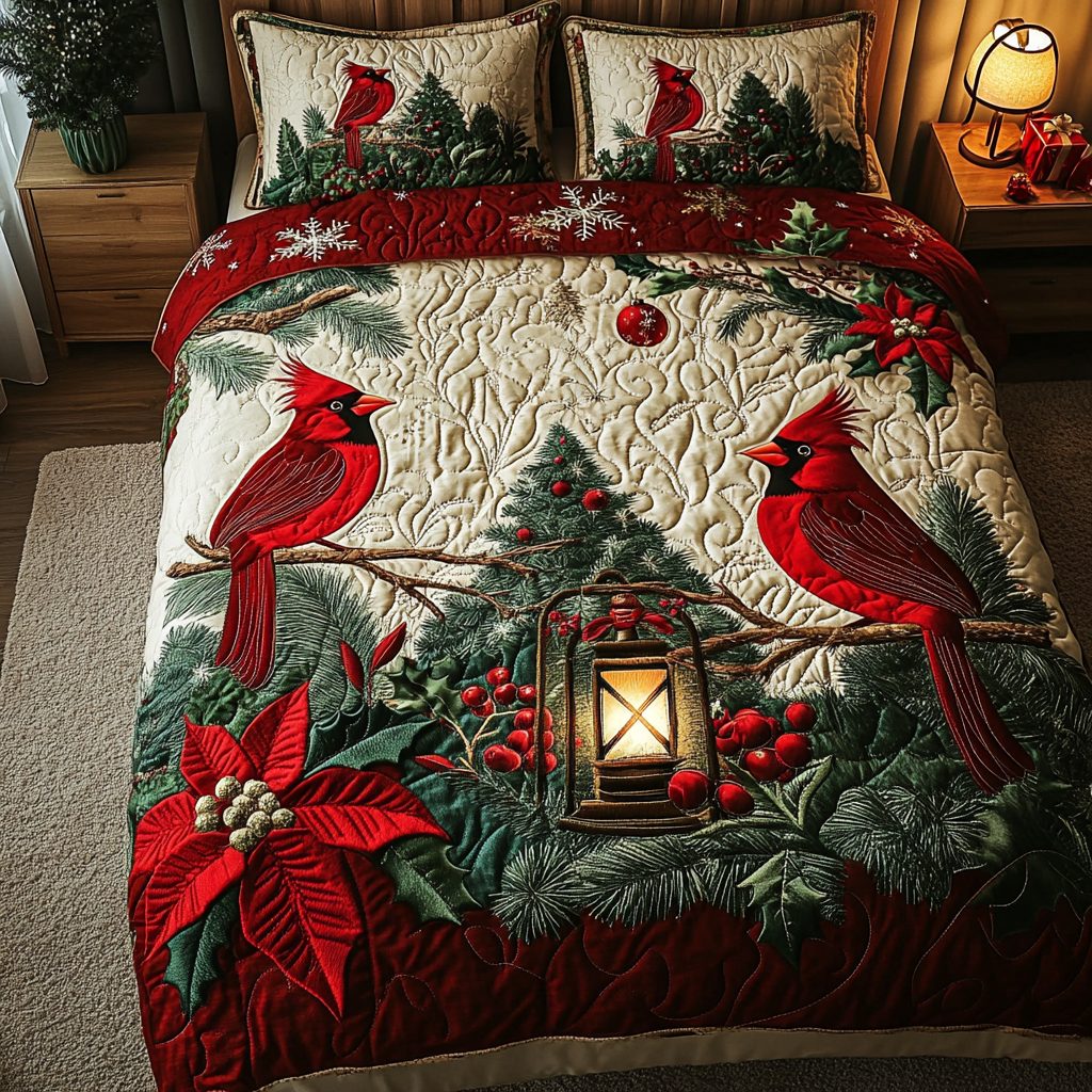 Cardinal Glow quilted 3-piece bedding set on a made bed with two matching pillow shams