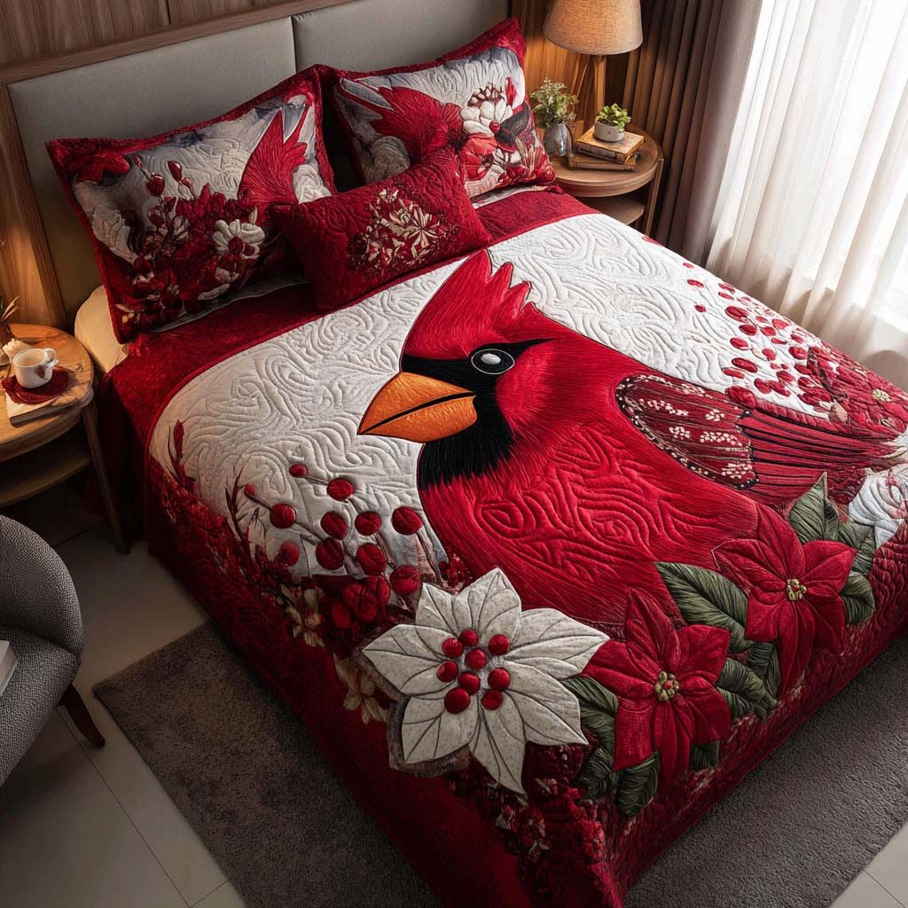 Cardinal Glow quilted 3-piece bedding set on a made bed with two matching pillow shams