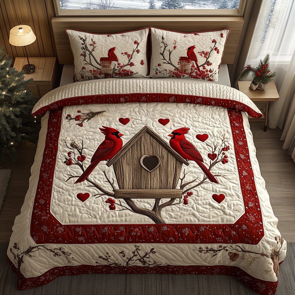 Cardinal Grace quilted 3-piece bedding set on a made bed with two matching pillow shams