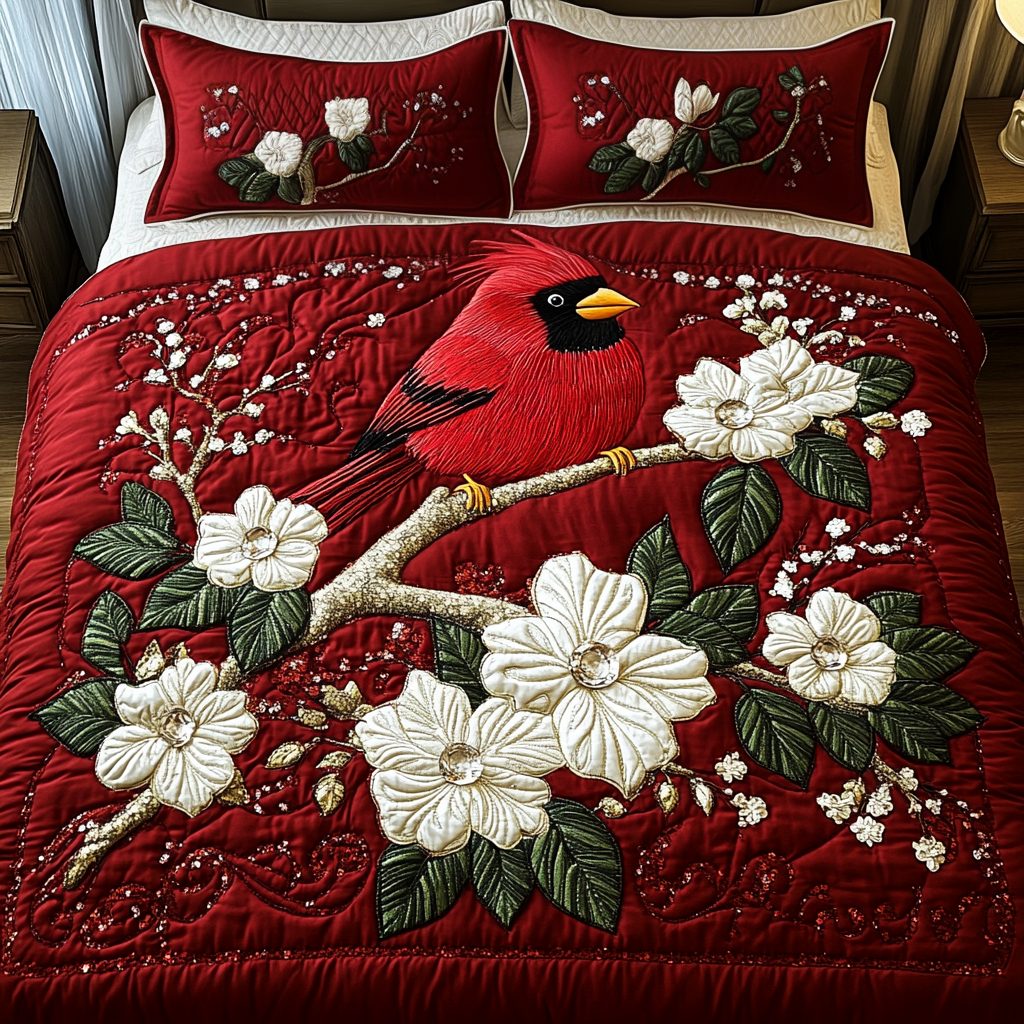 Cardinal Harmony quilted 3-piece bedding set on a made bed with two matching pillow shams