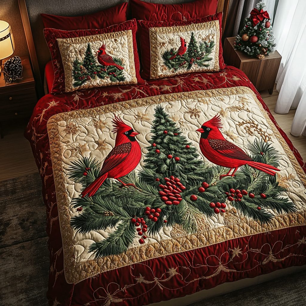 Cardinal Haven quilted 3-piece bedding set on a made bed with two matching pillow shams