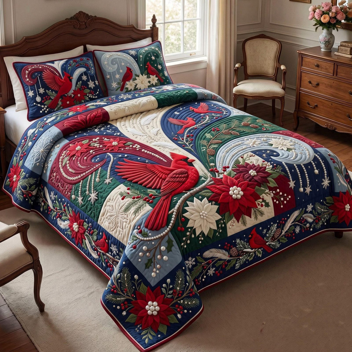 Cardinal Holiday quilted 3-piece bedding set on a made bed in a winter-styled bedroom