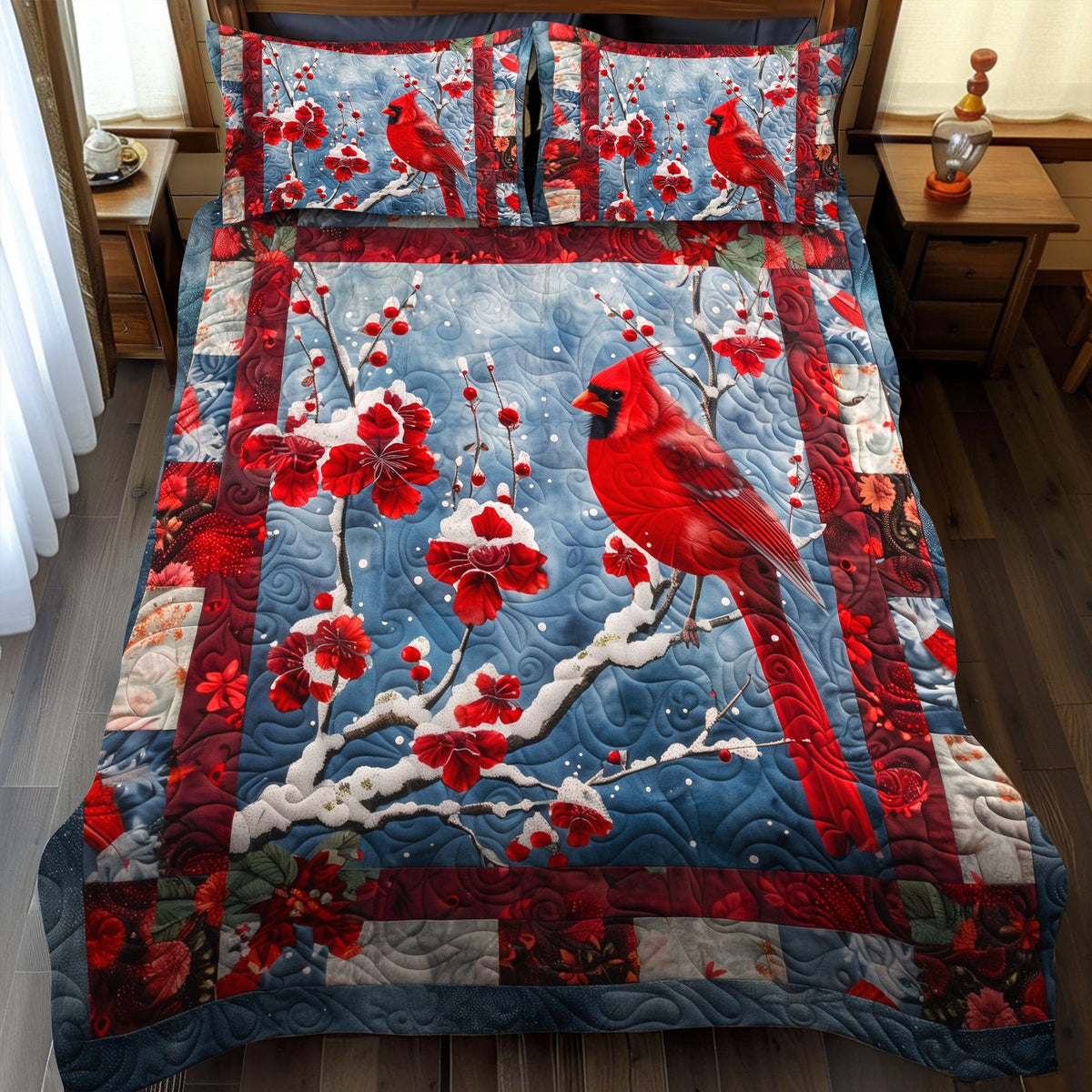 Cardinal In Snow quilted 3-piece bedding set on a made bed with two matching pillow shams