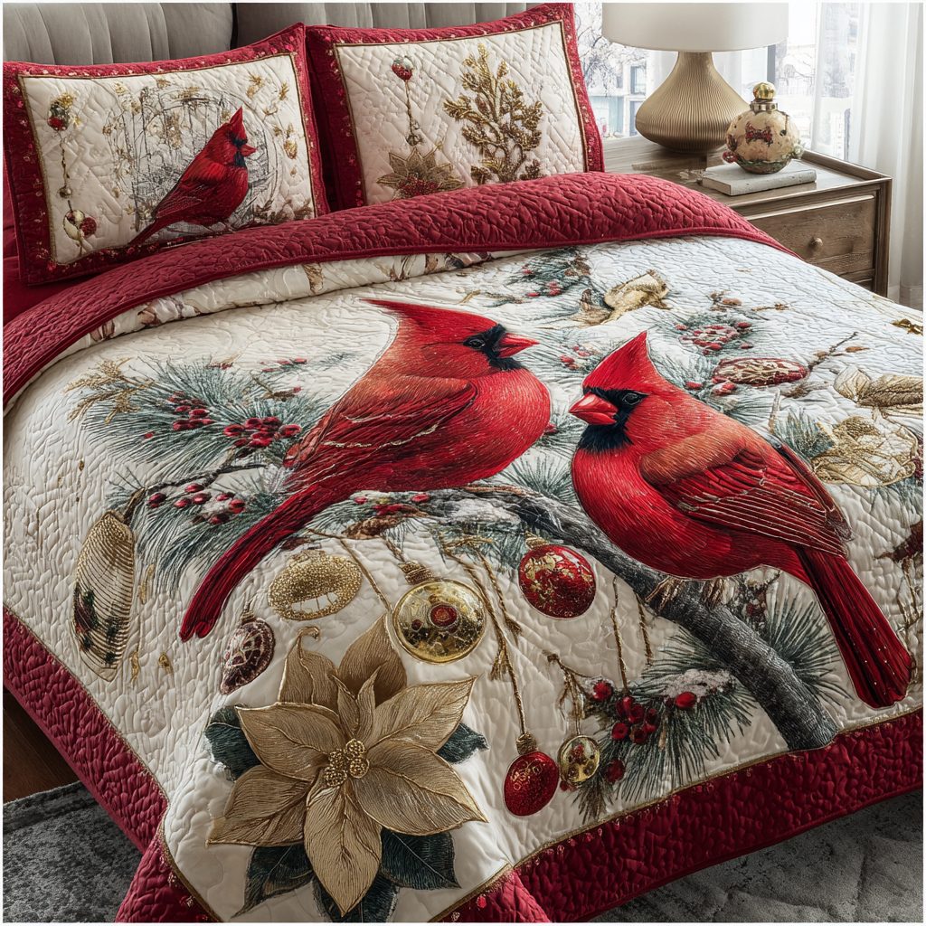 Cardinal Joy quilted 3-piece bedding set on a made bed with two matching pillow shams