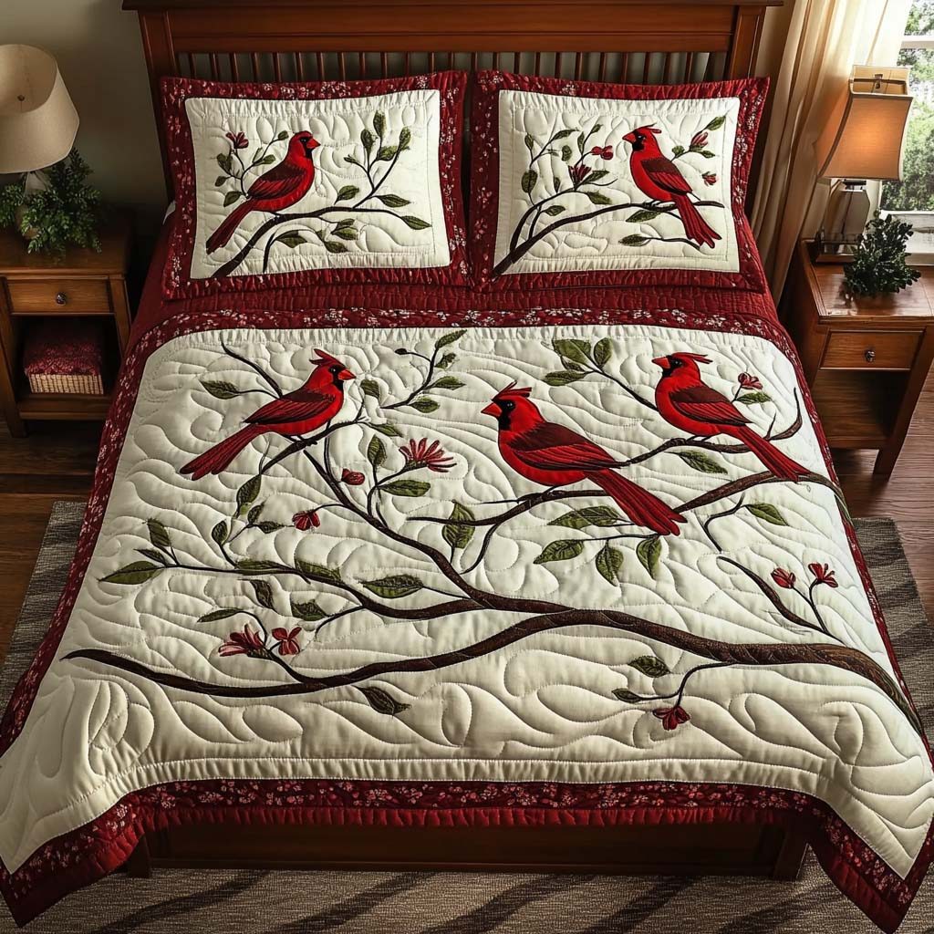 Cardinal Joy quilted 3-piece bedding set on a made bed with two matching pillow shams