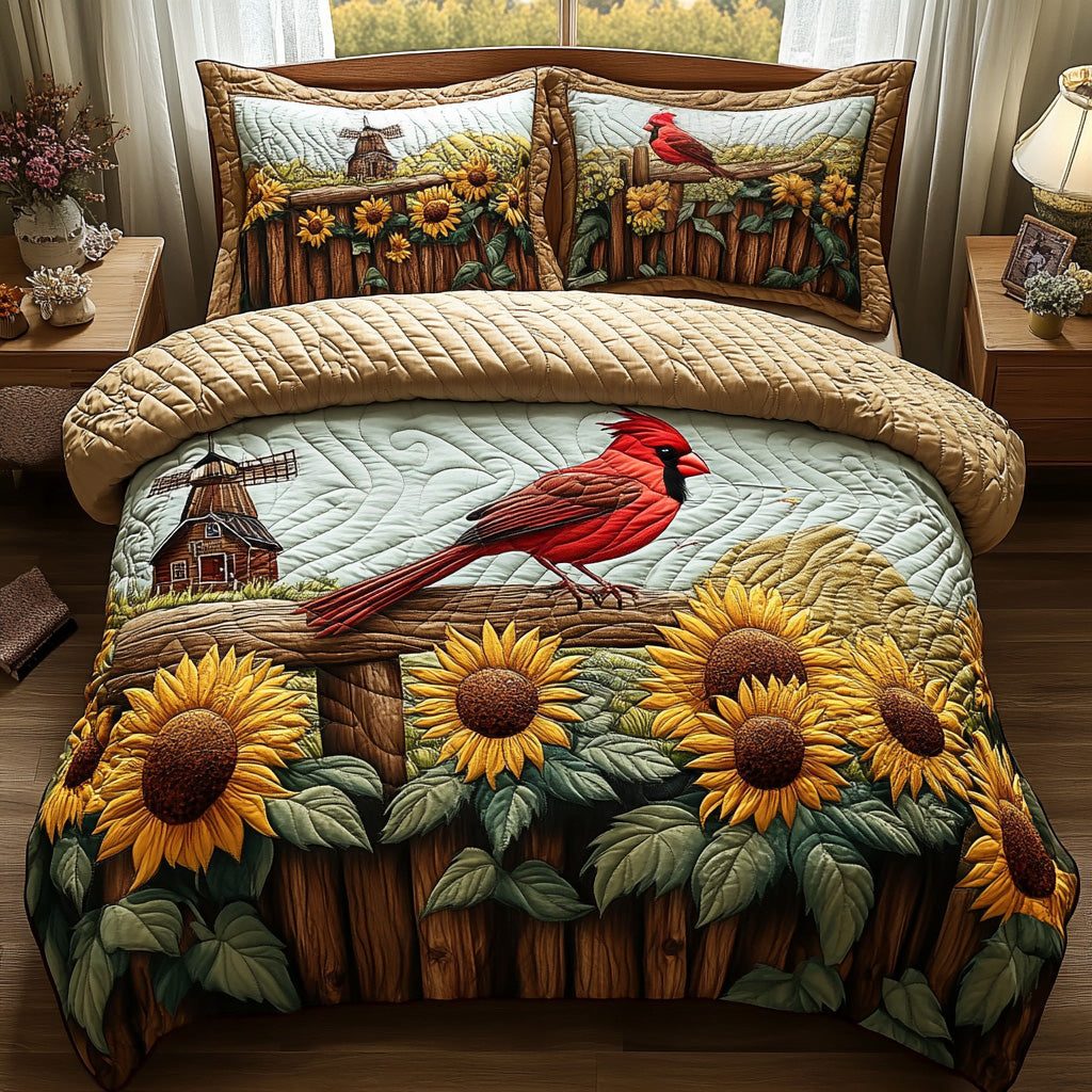 Cardinal Meadow quilted 3-piece bedding set on a made bed with two matching pillow shams