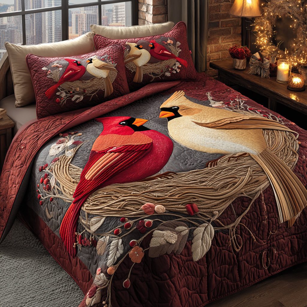 Cardinal Nest quilted 3-piece bedding set on a made bed with two matching pillow shams