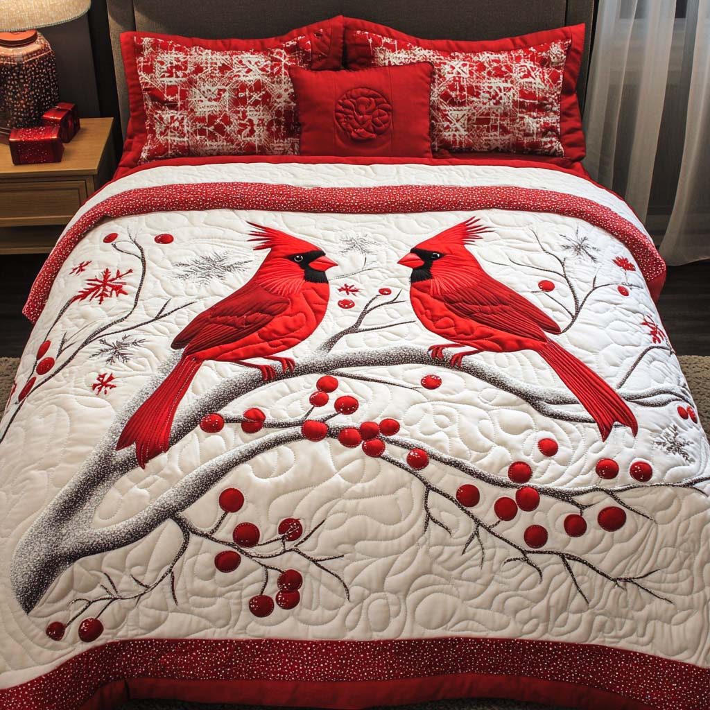 Cardinal Peace quilted 3-piece bedding set on a made bed with two matching pillow shams