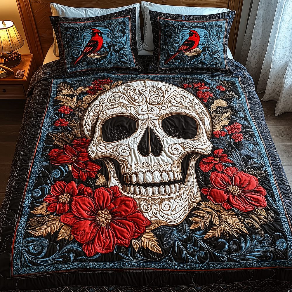Cardinal Skull quilted 3-piece bedding set on a made bed against a dark styled interior