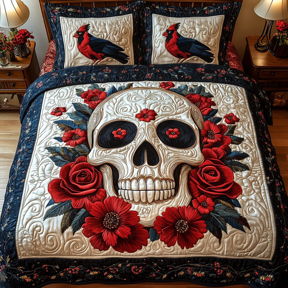 Cardinal Skull quilted 3-piece bedding set on a made bed against a dark styled interior