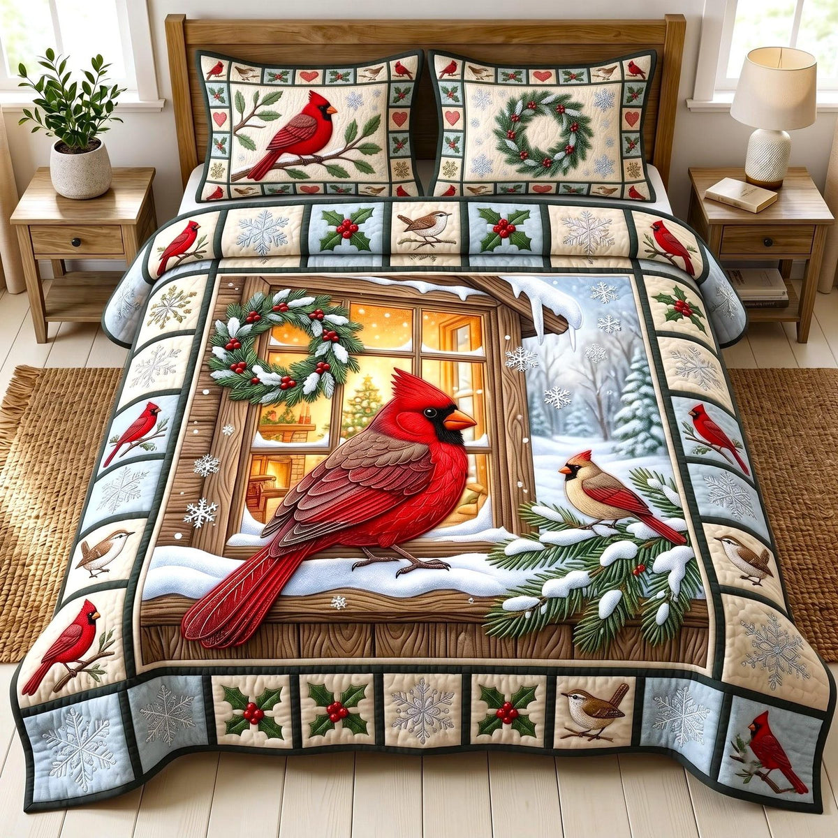 Cardinal Window quilted 3-piece bedding set on a made bed with two matching pillow shams