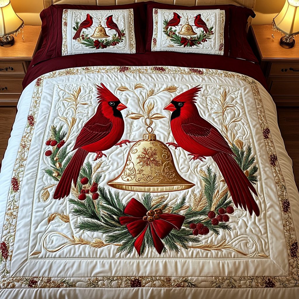 Cardinal Winter Garden quilted 3-piece bedding set on a made bed in a winter-styled bedroom
