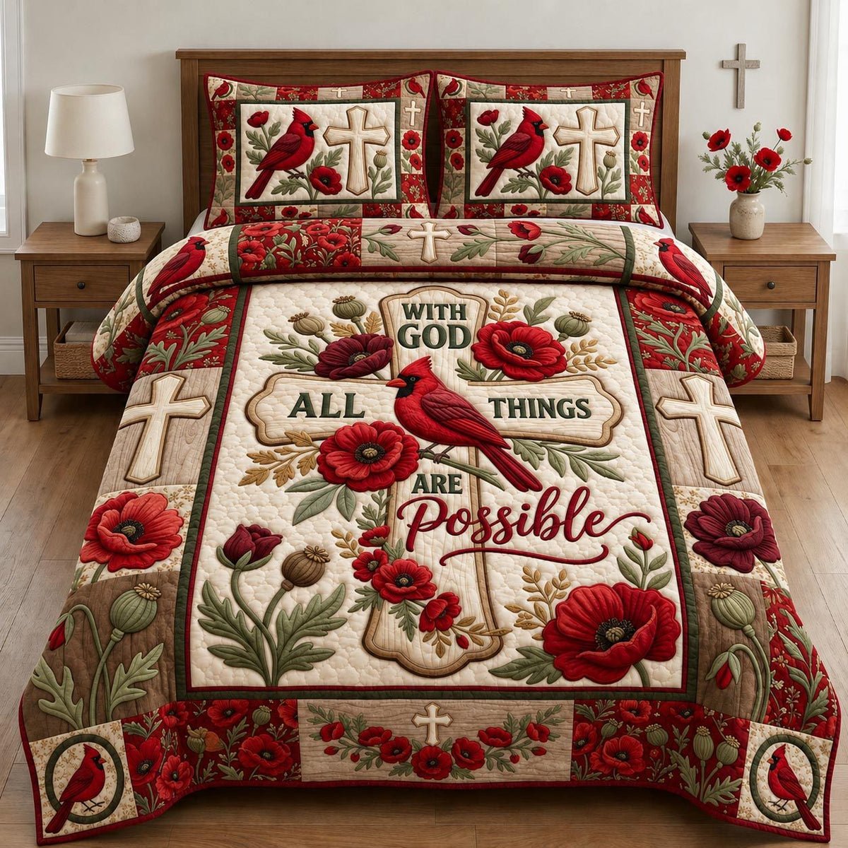 Cardinal With God All Things Are Possible quilted 3-piece bedding set on a made bed in a softly lit bedroom