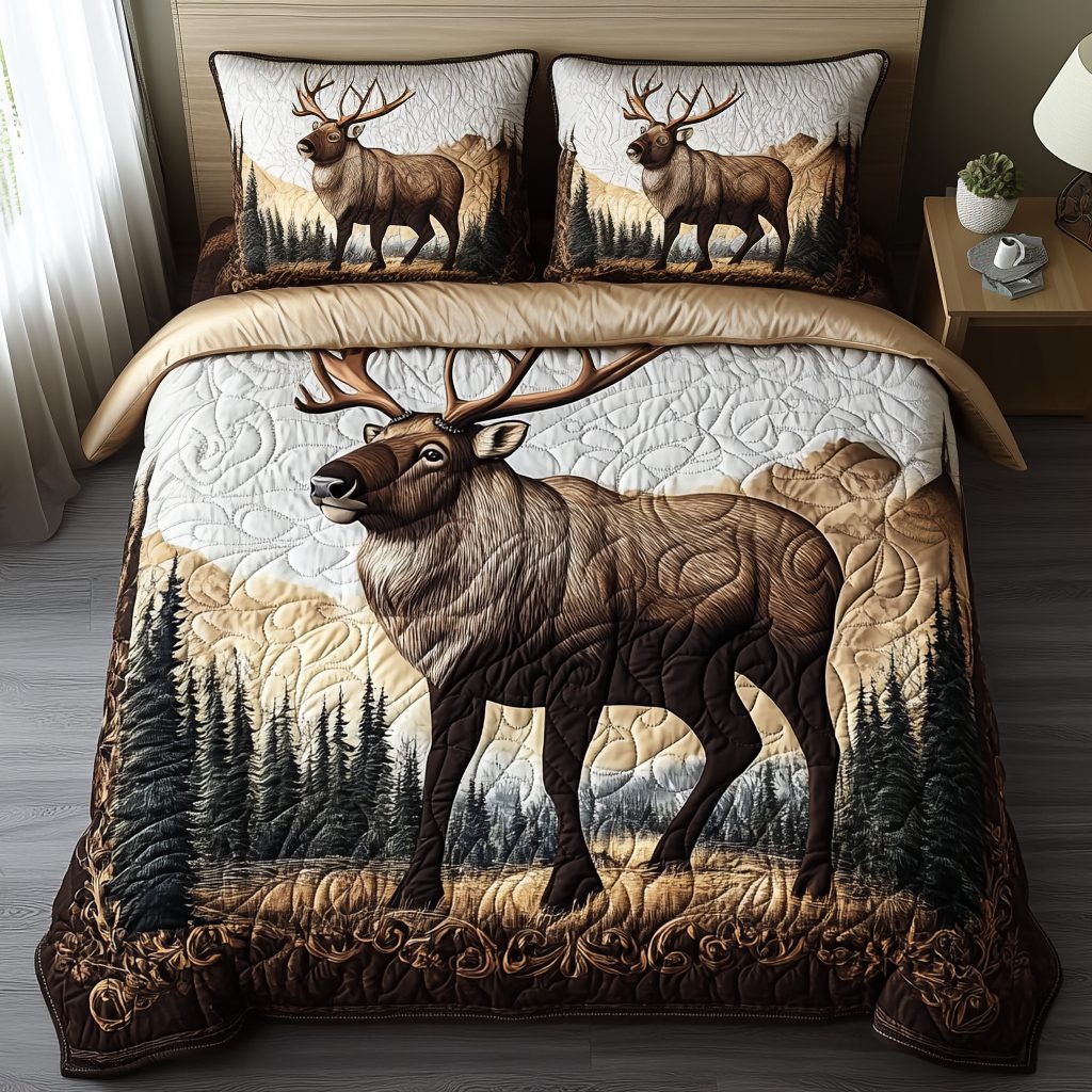 Caribou Charm quilted 3-piece bedding set on a made bed with two matching pillow shams