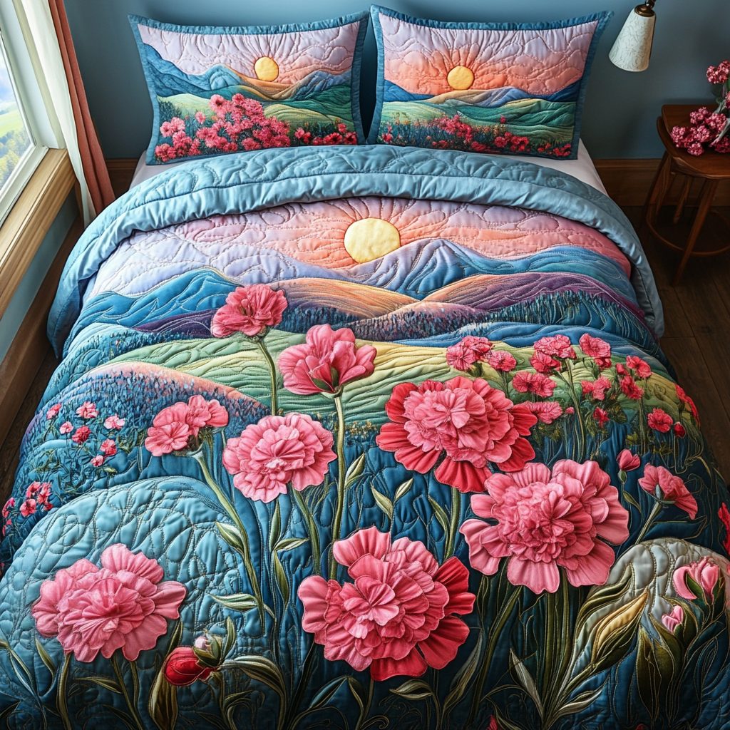 Carnation Dream quilted 3-piece bedding set on a made bed with two matching pillow shams