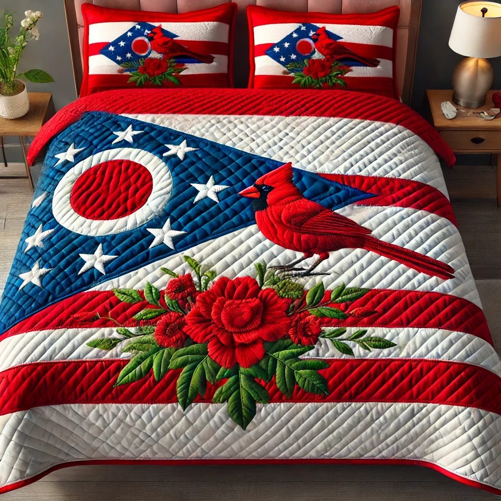 Carnation Flight quilted 3-piece bedding set on a made bed with two matching pillow shams