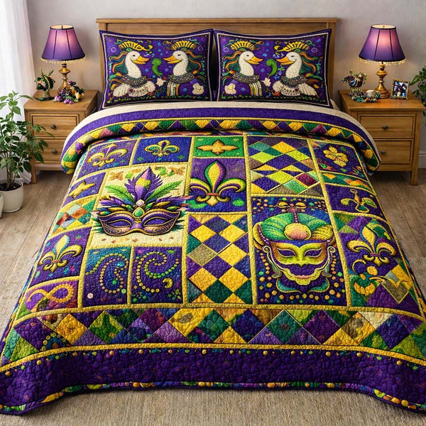 Carnival Fleur quilted 3-piece bedding set on a made bed with two matching pillow shams
