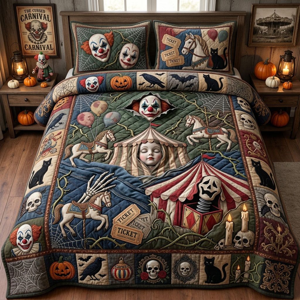 Carnival Of Damned quilted 3-piece bedding set on a made bed with two matching pillow shams