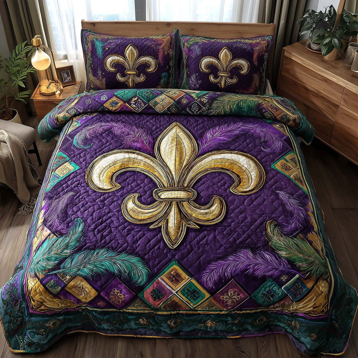 Carnival Royale quilted 3-piece bedding set on a made bed with two matching pillow shams