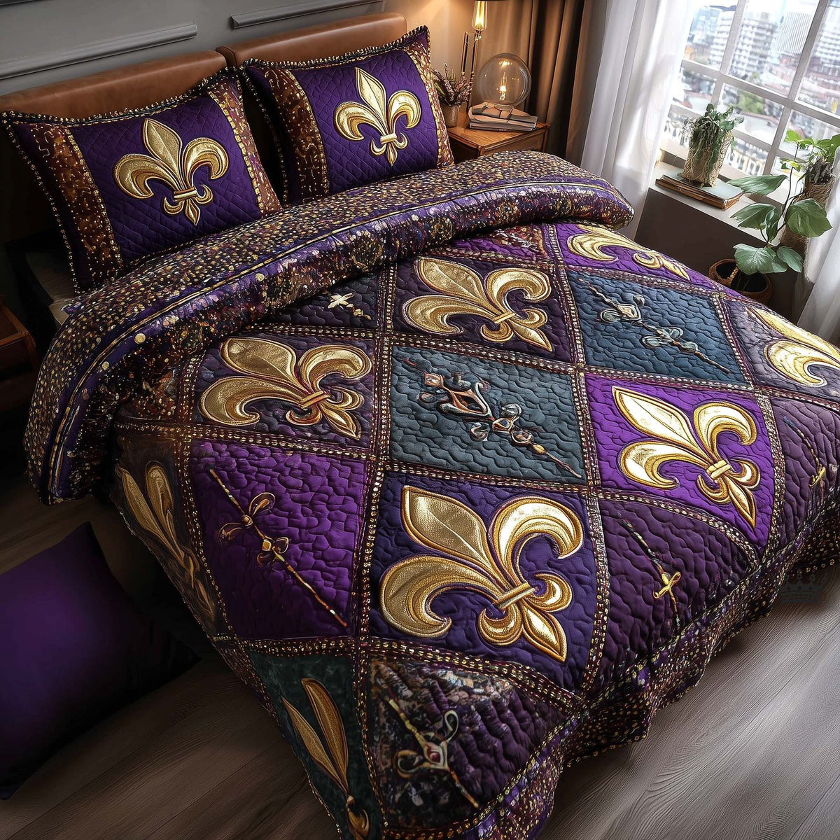 Carnival Royale quilted 3-piece bedding set on a made bed with two matching pillow shams