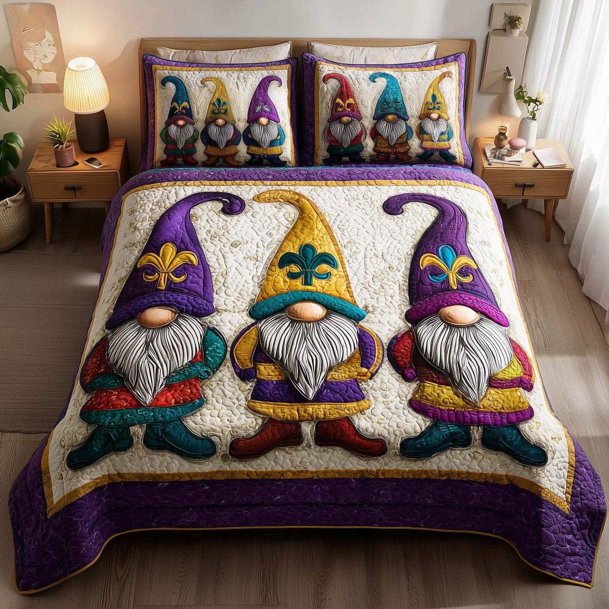 Carnival Royale quilted 3-piece bedding set on a made bed with two matching pillow shams