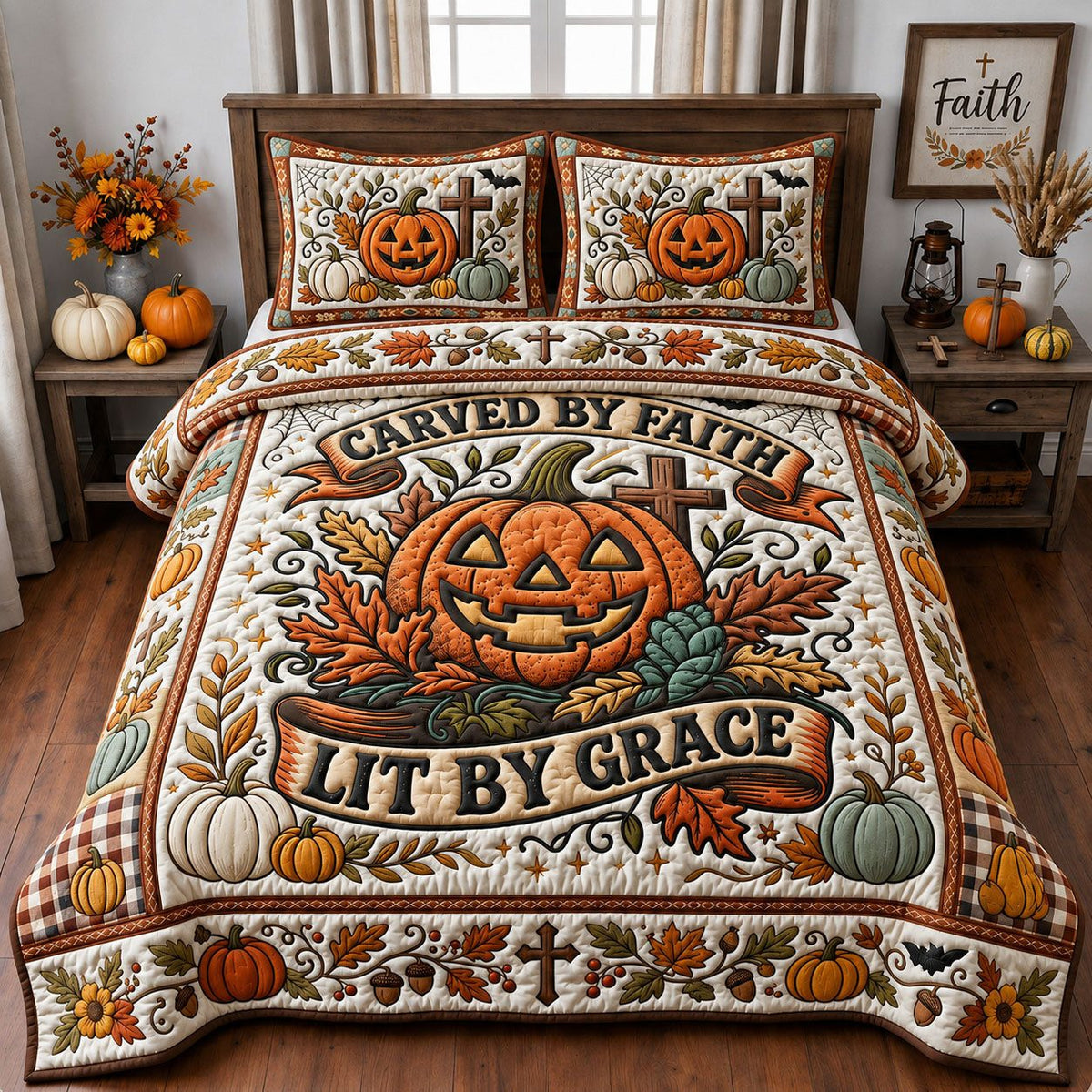Carved By Faith quilted 3-piece bedding set on a made bed in a softly lit bedroom