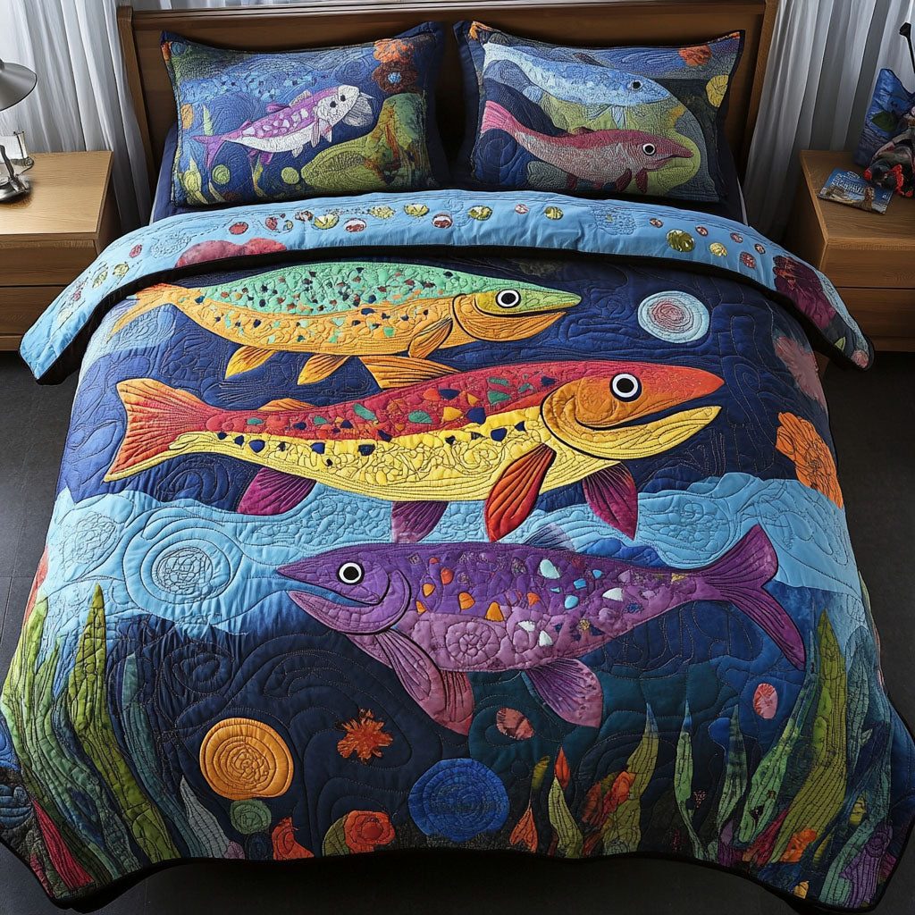 Castaway Comfort quilted 3-piece bedding set on a made bed with two matching pillow shams