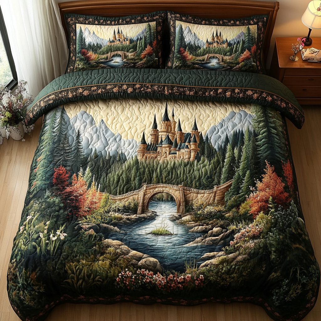 Castle Gate quilted 3-piece bedding set on a made bed with two matching pillow shams
