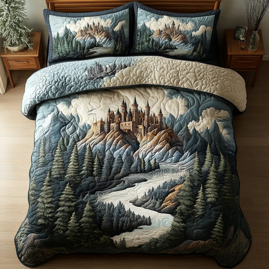 Castle Keep quilted 3-piece bedding set on a made bed with two matching pillow shams
