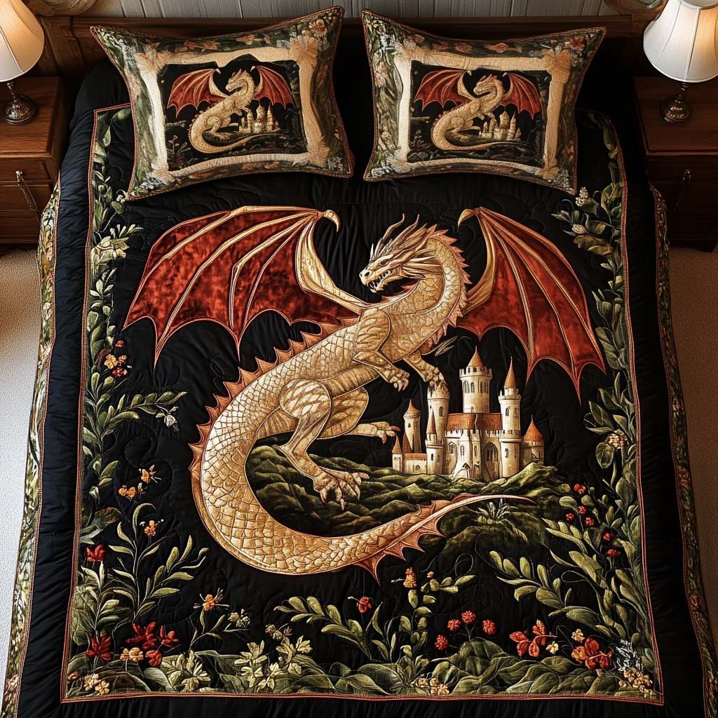 Castle Sentinel quilted 3-piece bedding set on a made bed with two matching pillow shams